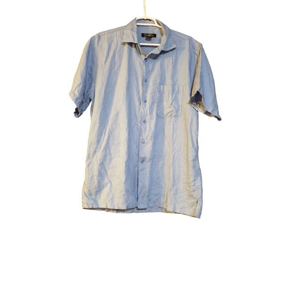 Pronto Uomo 100% Linen Short Sleeve  Button Down Shirt Blue Size L Designer - Picture 1 of 15